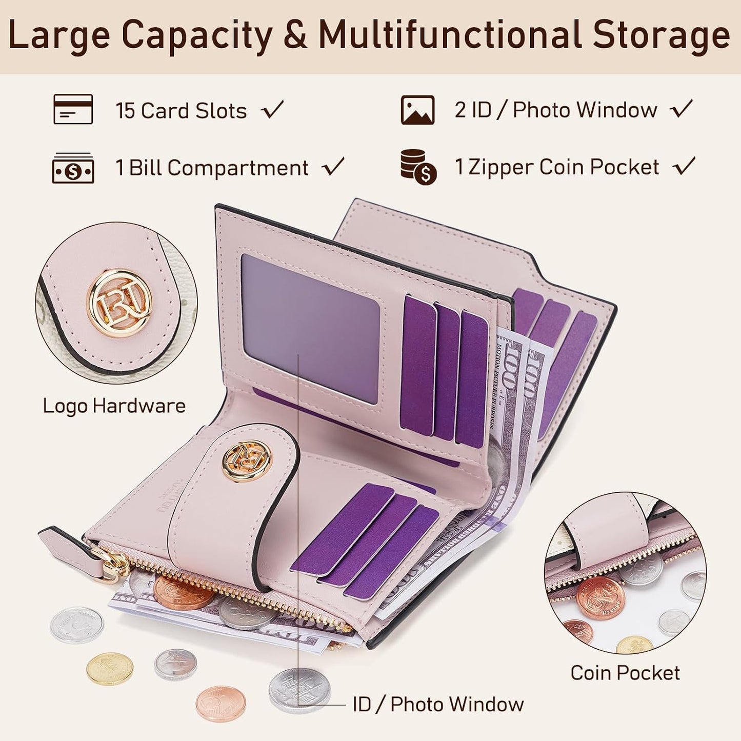 HOTLAORENTOU Small Wallet for Women Soft Leather RFID Blocking Bifold Zipper Pocket Wallet Card Case Purse with ID Window