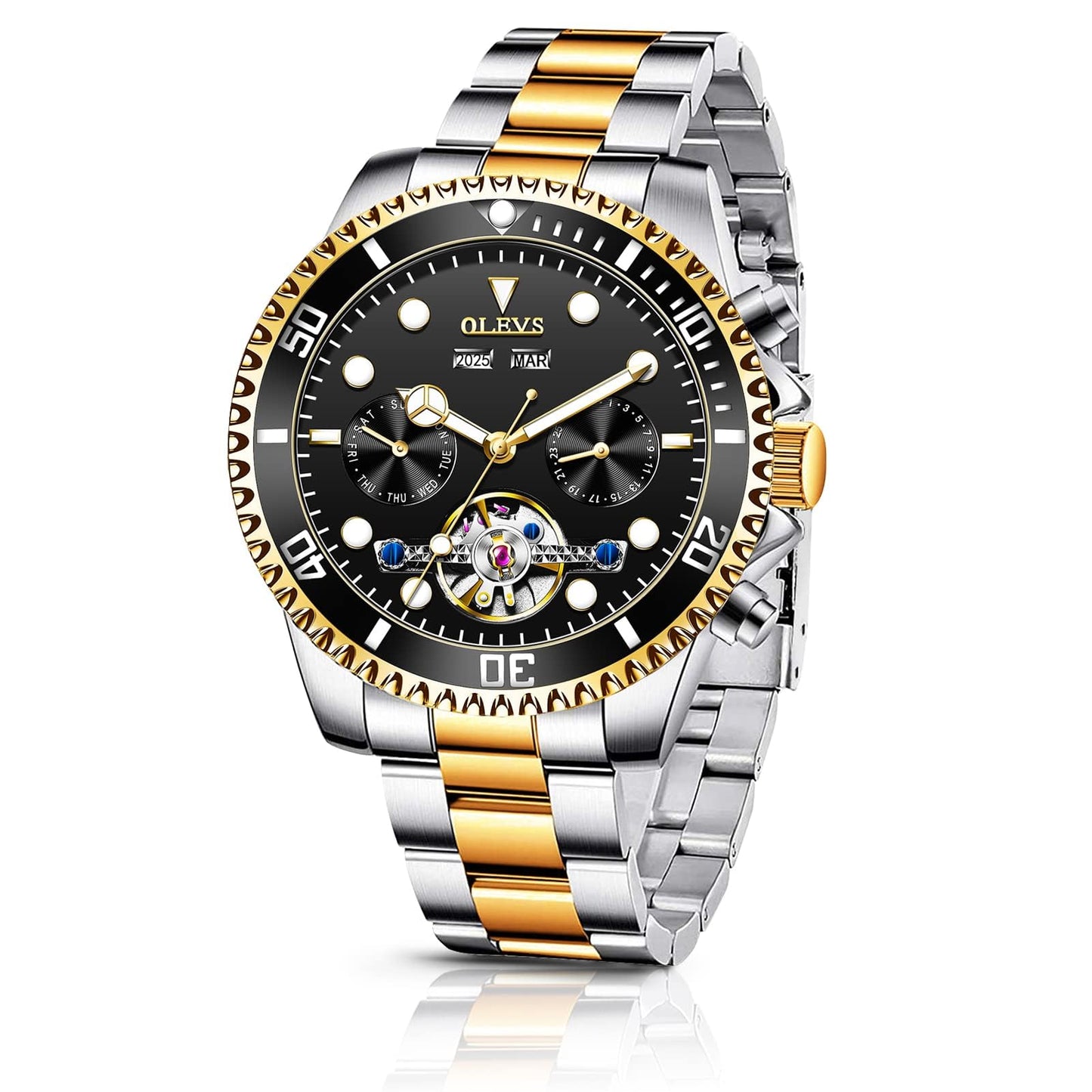 HOTOLEVS Men's Stainless Steel Chronograph Watch, Big Face Gold Silver Black Tone Easy to Read Analog Quartz Watch, Luxury Waterproof Date Diamond Roman Arabic Numerals Dial Dress Watch for Men