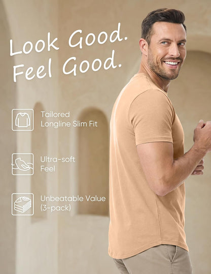 HOTJMIERR Mens 3 Pack Cotton Hipster Hip Hop Longline Crewneck T-Shirt