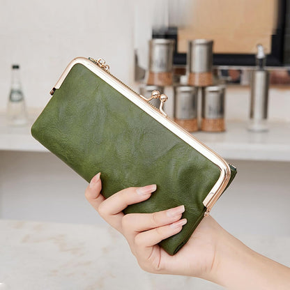 HOTGOIACII Womens Wallet Kiss Lock Bifold Leather Wallets for Women Green | Vintage Wallet for Women,Ladies Clutch Purse,Women's Card Holder Wallet with Zipper