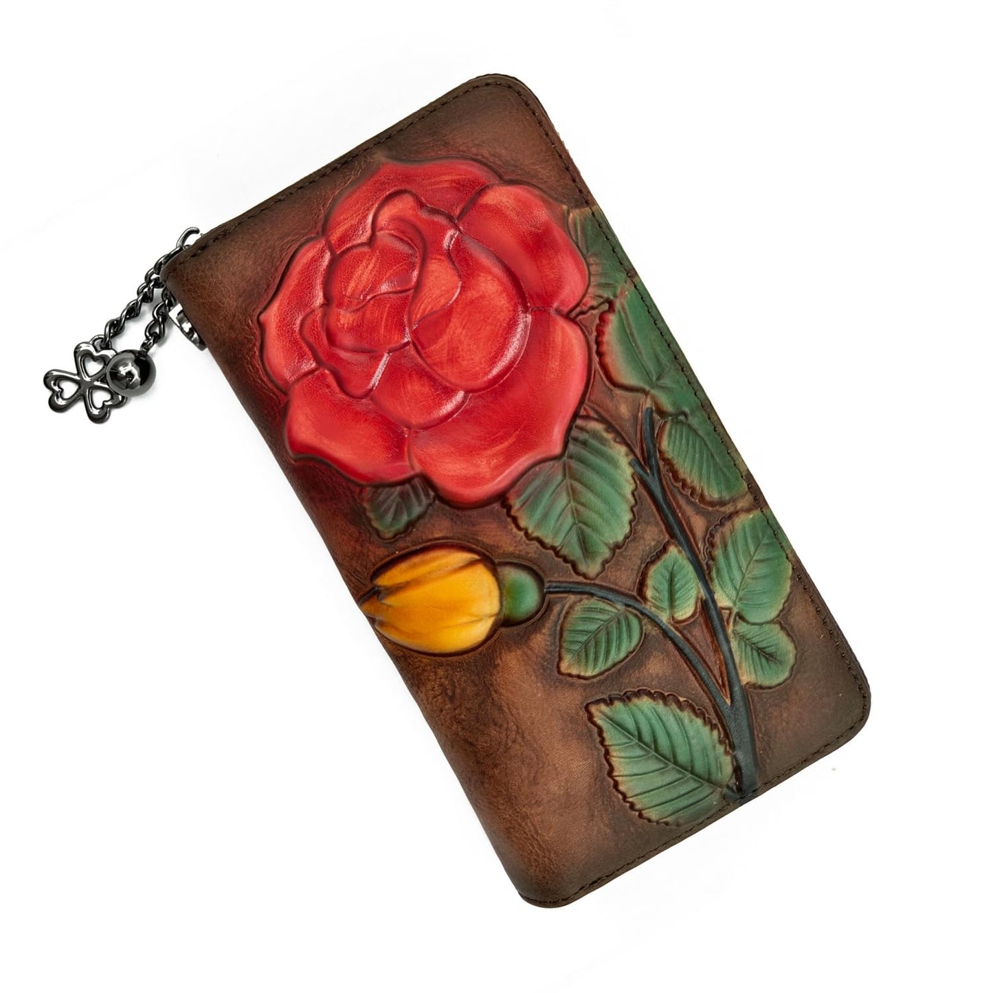 HOTWallet Genuine Leather for Women - with RFID Blocking Card checkbook ID Slot Large Capacity Vintage style (flower brown)