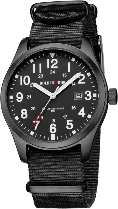 HOTGOLDEN HOUR Men's Nylon Slip-Thru Strap Watch with Military Time Easy Read Dial Glowing Hands