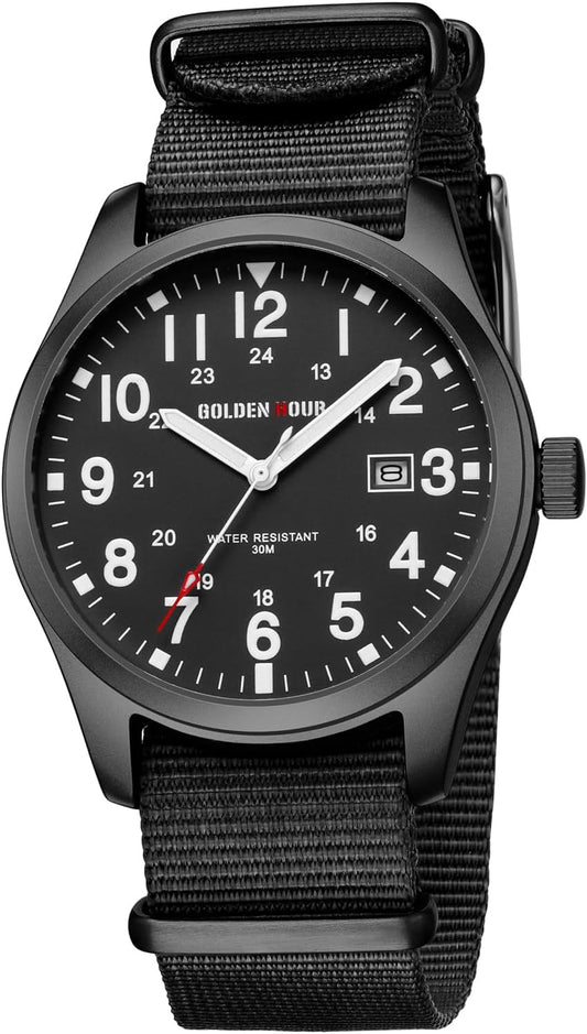 HOTGOLDEN HOUR Men's Nylon Slip-Thru Strap Watch with Military Time Easy Read Dial Glowing Hands
