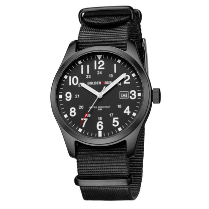 HOTGOLDEN HOUR Men's Nylon Slip-Thru Strap Watch with Military Time Easy Read Dial Glowing Hands