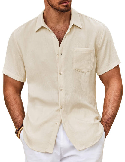HOTCOOFANDY Mens Button Down Short Sleeve Shirt Casual Shirts Summer Beach Textured Shirts with Pocket