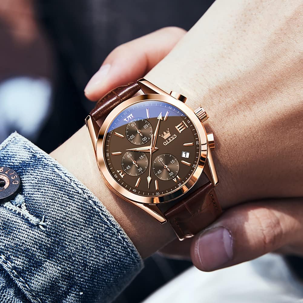 HOTOLEVS Men's Watches Brown Leather with Date,Casual Watches for Men,Large Face Watches Men,Chronograph Mens Watch,Sport Waterproof Business Dress Analog Quartz Men's Wrist Watches Reloj De Hombre