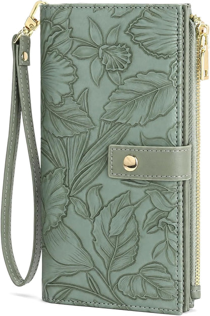HOTFALAN MULE Wallets for Women RFID Blocking Vegan Leather wristlet wallet | Trifold Clutch Large Capacity Credit Card Holder Travel Purse Wristlet Wallets Ladies Purse with 2 ID Windows