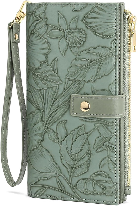 HOTFALAN MULE Wallets for Women RFID Blocking Vegan Leather wristlet wallet | Trifold Clutch Large Capacity Credit Card Holder Travel Purse Wristlet Wallets Ladies Purse with 2 ID Windows