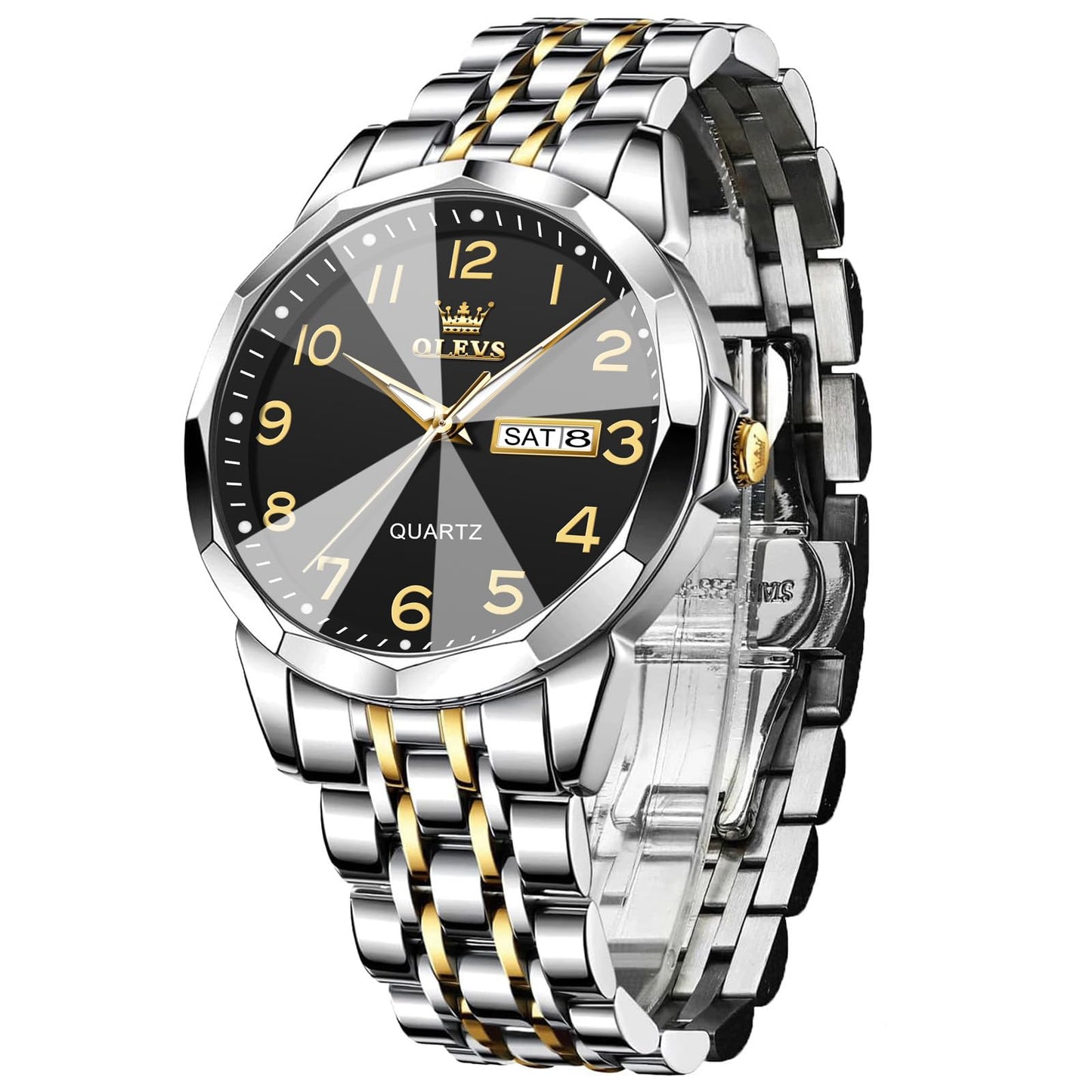 HOTOLEVS Men's Casual Stainless Steel Watch, Big Face Easy to Read Analog Quartz Watch with Day and Date, Classic Waterproof Diamond Roman Arabic Numeral Dial Dress Watch for Men, Gold Silver Black Band