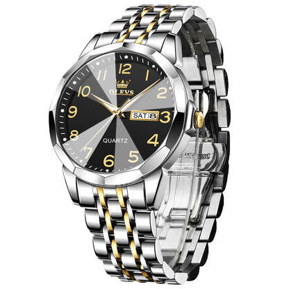 HOTOLEVS Men's Casual Stainless Steel Watch, Big Face Easy to Read Analog Quartz Watch with Day and Date, Classic Waterproof Diamond Roman Arabic Numeral Dial Dress Watch for Men, Gold Silver Black Band