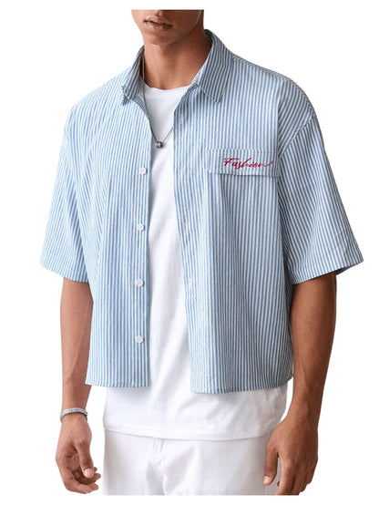 HOTGORGLITTER Men's Striped Button Down Up Cropped T Shirt Short Sleeve Letter Summer Vacation Shirts Boxy Tees Streetwear | Vintage Gingham Shirt, Drop Shoulder Crop Top, Y2K Streetwear, Summer Vacation Clothes