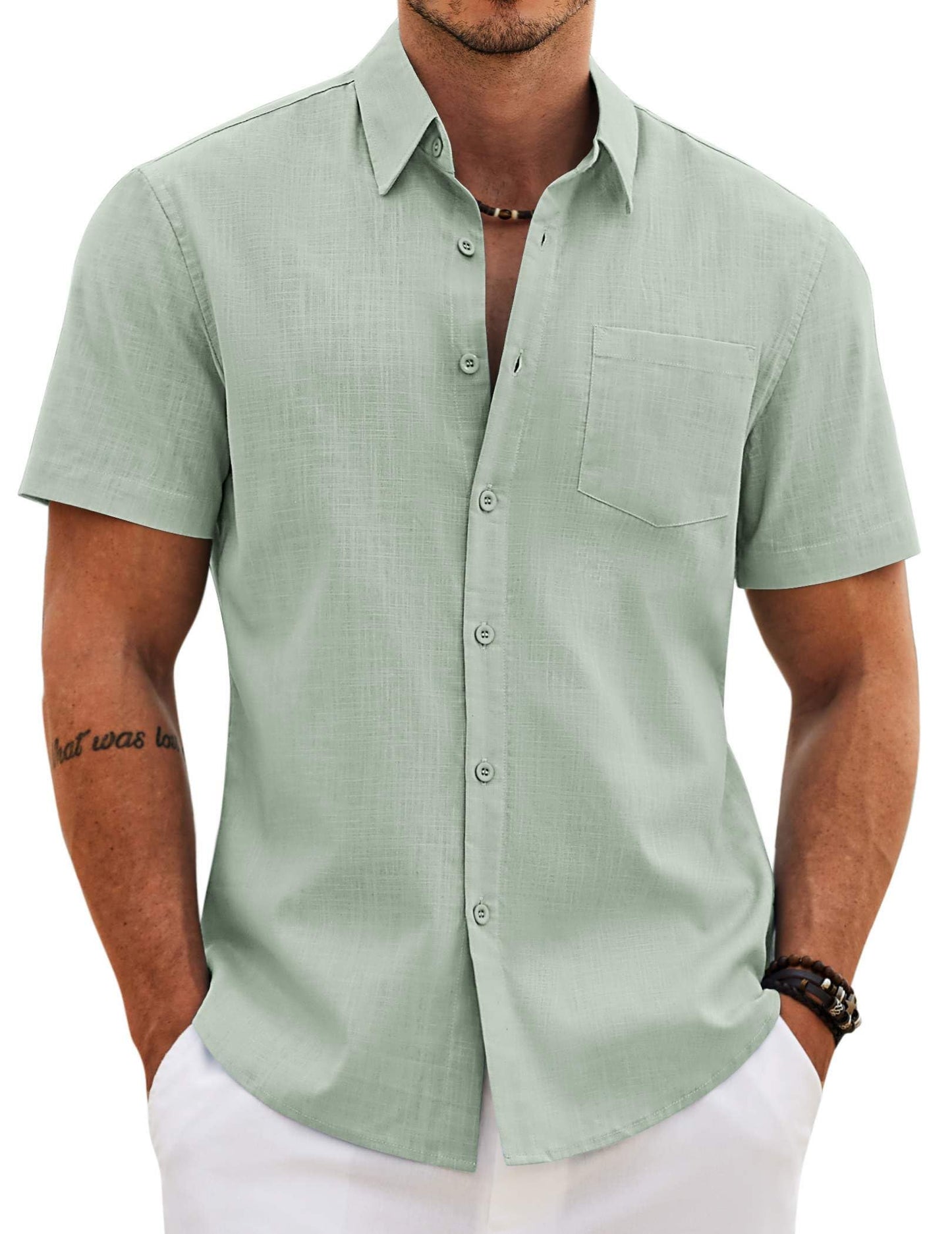 HOTCOOFANDY Men's Button Down Short Sleeve Shirt Casual Cotton Summer Beach Wedding Linen Shirts with Pocket