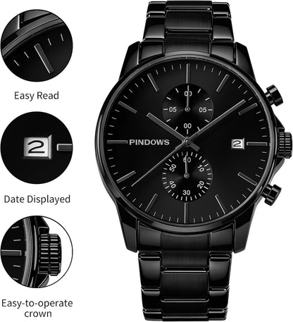 HOTPINDOWS Men's Black Minimalist Watch Stainless Steel Chronograph, Date | 3ATM water resistant; Adjustable metal bracelet with sizing tool; Perfect for business & casual wear; Clear calendar