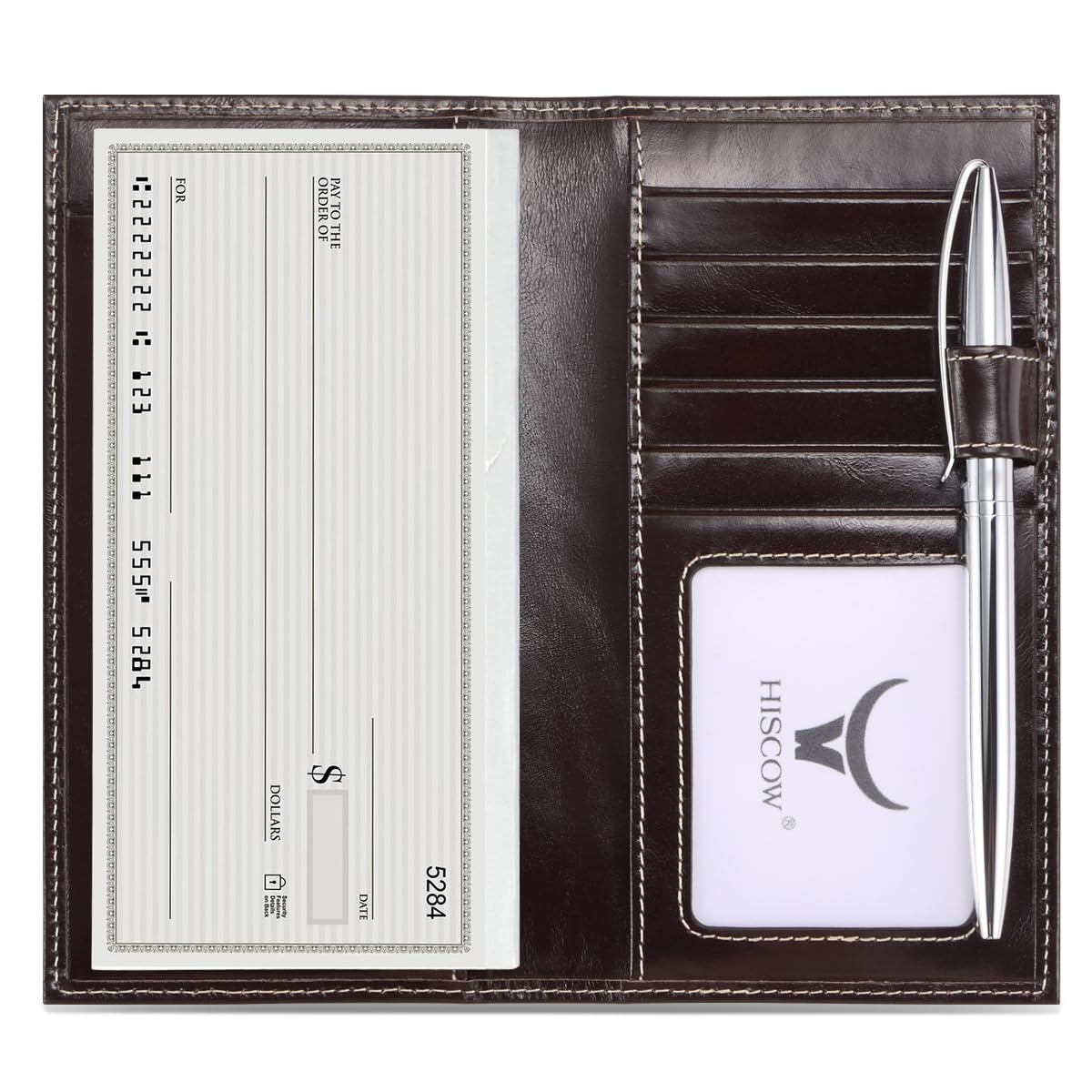 HOTHISCOW Leather Checkbook Cover with Card Slots & Pen Holder, Brown | Full grain cowhide, 5cc & ID window, personal check book & register pockets, removable duplicate divider, gifts for women men
