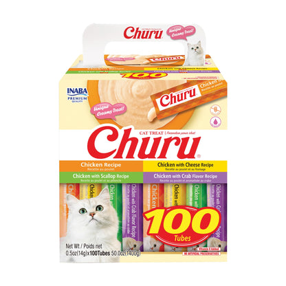 HOTINABA Churu Cat Treats, Lickable, Squeezable Creamy Purée with Vitamin E, 0.5 Ounces per Tube, 100 Tubes Total, Tuna Variety