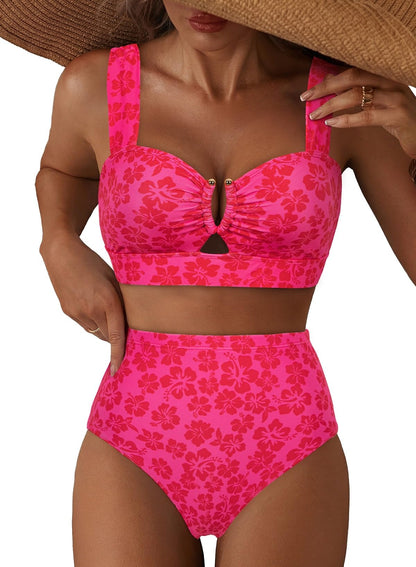 HOTHerseas Women's 2 Piece U Wire Cutout Bikini Sets Floral Print High Waisted Swimsuit 2026 Summer Beach Swim Bathing Suit