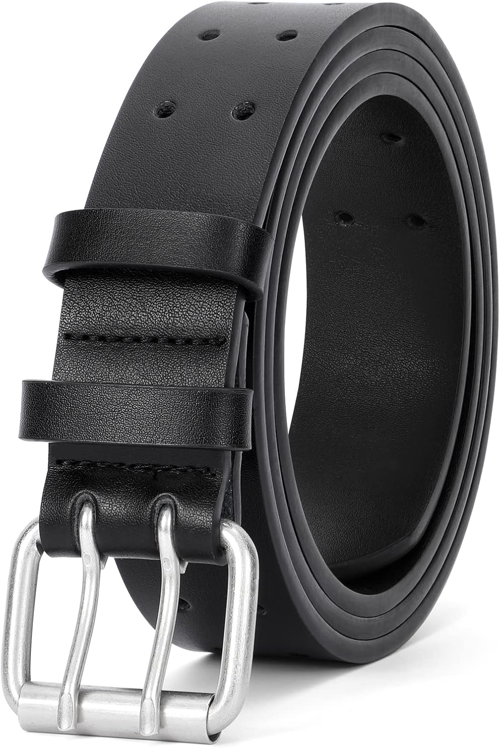 HOTJASGOOD Men Double Prong PU Leather Belt Casual Work Heavy Duty Belt Double Grommet Holes Belt for Jeans