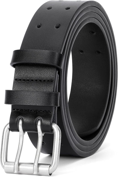 HOTJASGOOD Men Double Prong PU Leather Belt Casual Work Heavy Duty Belt Double Grommet Holes Belt for Jeans