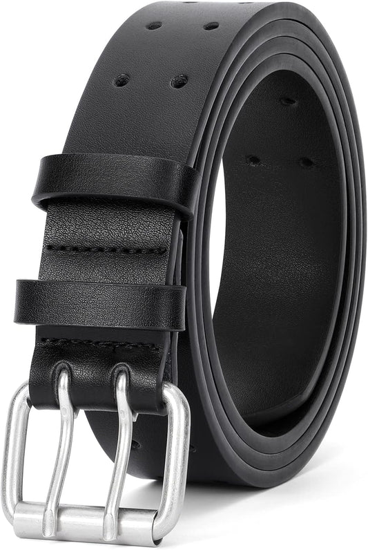 HOTJASGOOD Men Double Prong PU Leather Belt Casual Work Heavy Duty Belt Double Grommet Holes Belt for Jeans