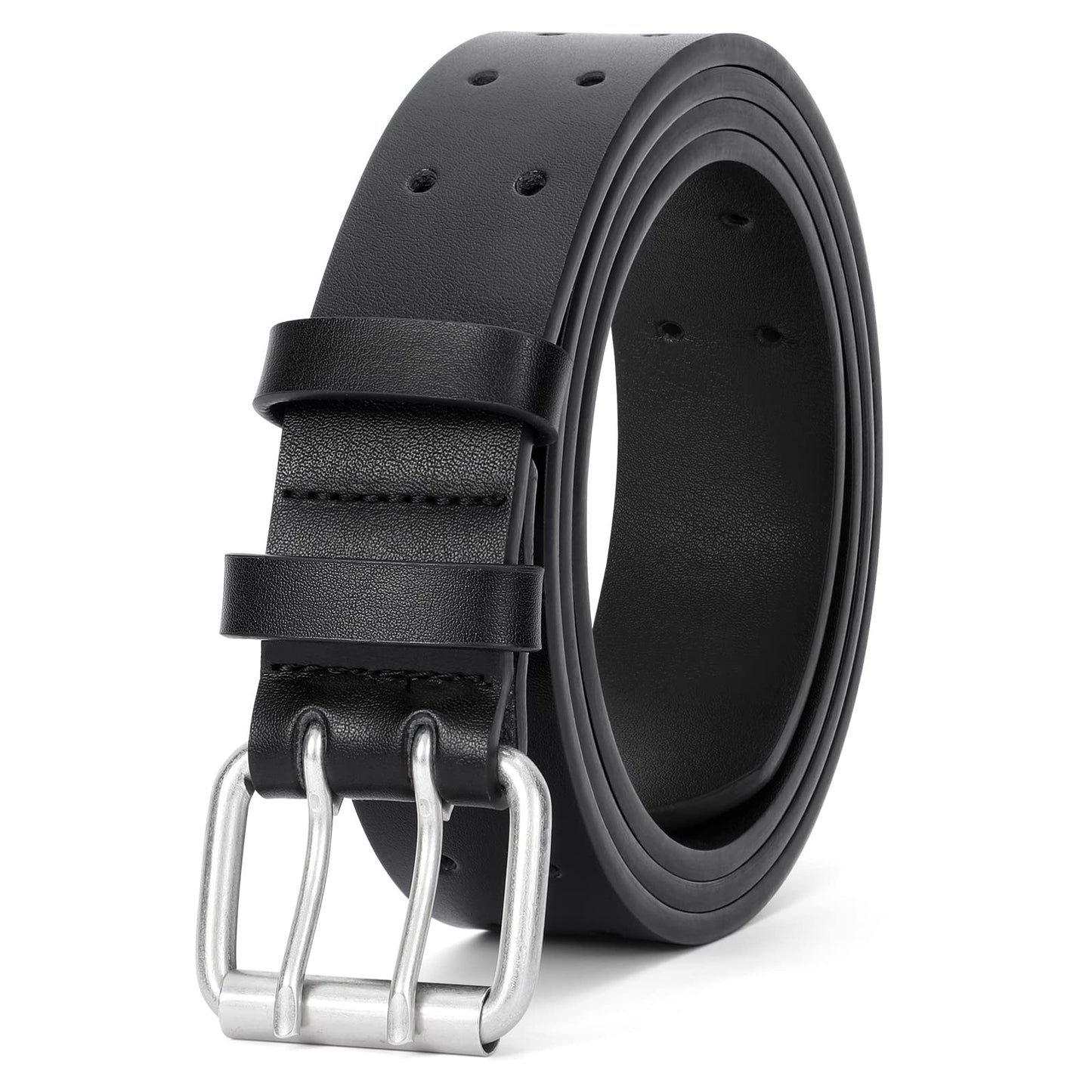 HOTJASGOOD Men Double Prong PU Leather Belt Casual Work Heavy Duty Belt Double Grommet Holes Belt for Jeans
