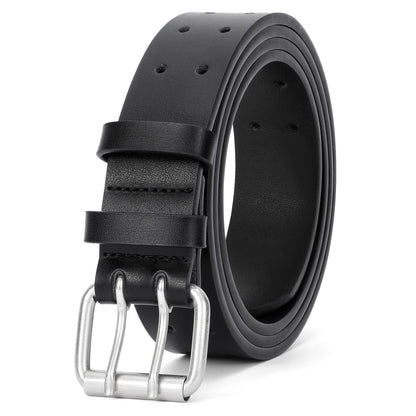 HOTJASGOOD Men Double Prong PU Leather Belt Casual Work Heavy Duty Belt Double Grommet Holes Belt for Jeans