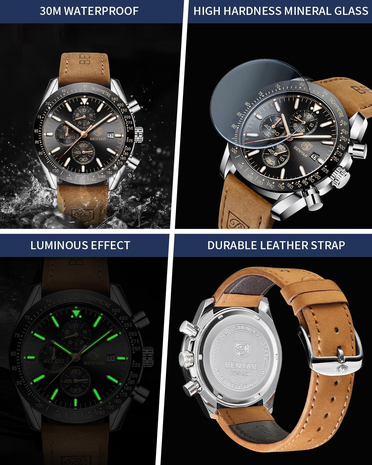 HOTBENYAR Watch for Men Analog Quartz Chronograph Waterproof Luminous Designer Mens Wrist Watches Business Work Sport Casual Dress Watch with Silicone Strap Elegant Gifts for Men