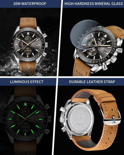 HOTBENYAR Watch for Men Analog Quartz Chronograph Waterproof Luminous Designer Mens Wrist Watches Business Work Sport Casual Dress Watch with Silicone Strap Elegant Gifts for Men
