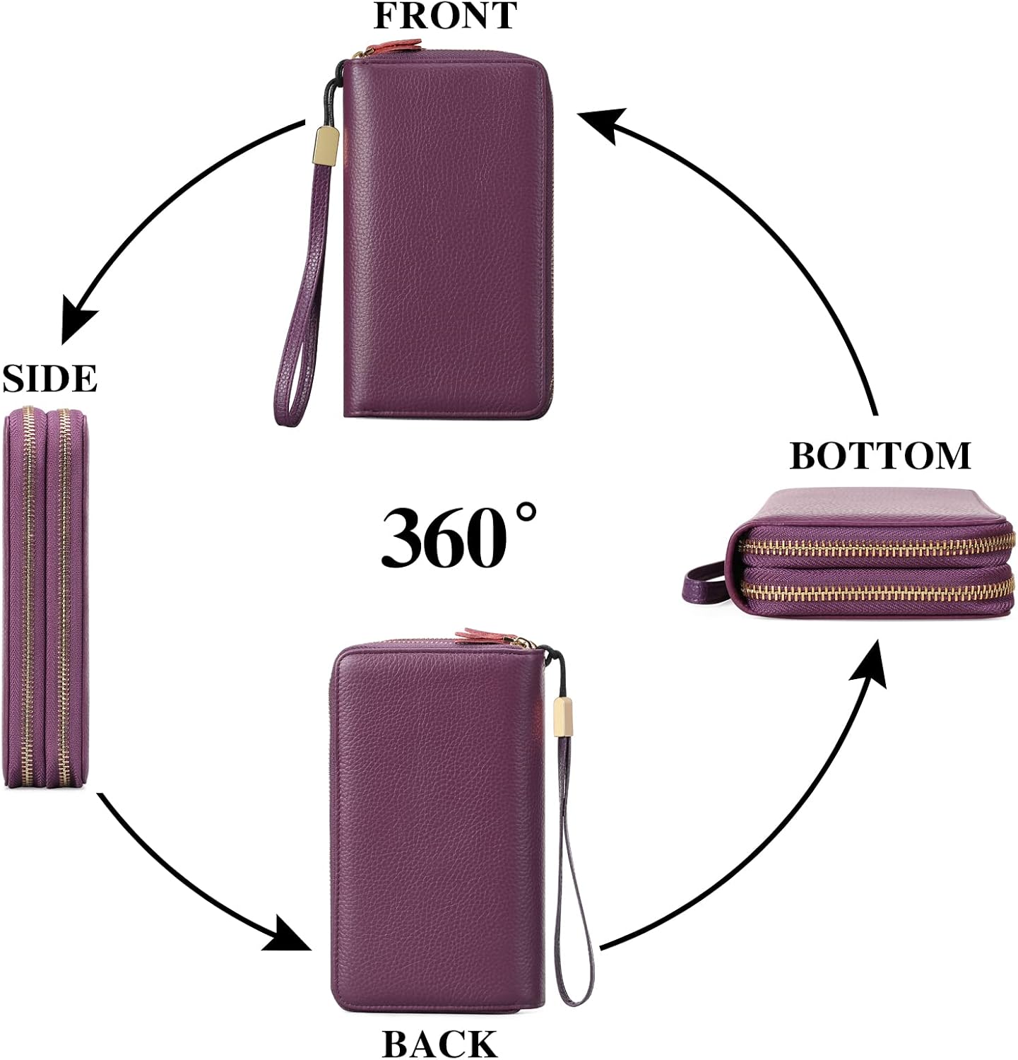 HOTSENDEFN Leather Women Wallet RFID Blocking Zipper Around Phone Holder Clutch Wristlet Large Capacity