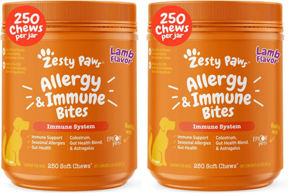 HOTZesty Paws Allergy Immune Bites - Dog Allergy Chews, Dog Probiotics for Itchy Skin and Ears, Peanut Butter, 90ct