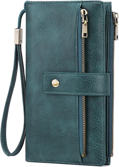 HOTGOIACII Wallet for Women RFID Blocking Card Holder Large Capacity Trifold Leather Wristlet Wallets Teal