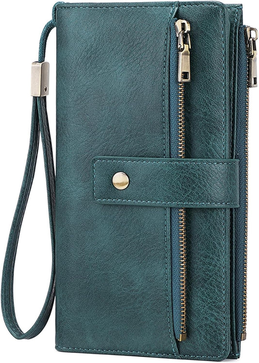HOTGOIACII Wallet for Women RFID Blocking Card Holder Large Capacity Trifold Leather Wristlet Wallets Teal