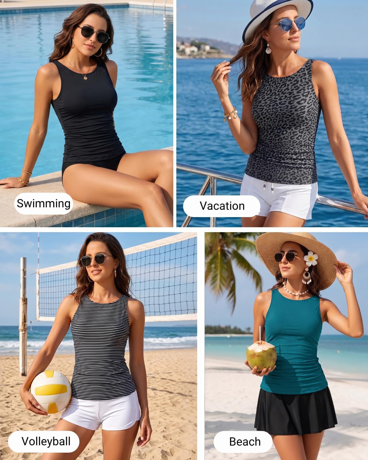 HOTDaci Tankini Tops for Women Tummy Control Swim Top Only | High Neck, Ruched Front, Full Coverage, Removable Pads, No Bottom, Soft Stretch Fabric, Fully Lined, Beach and Water Sports