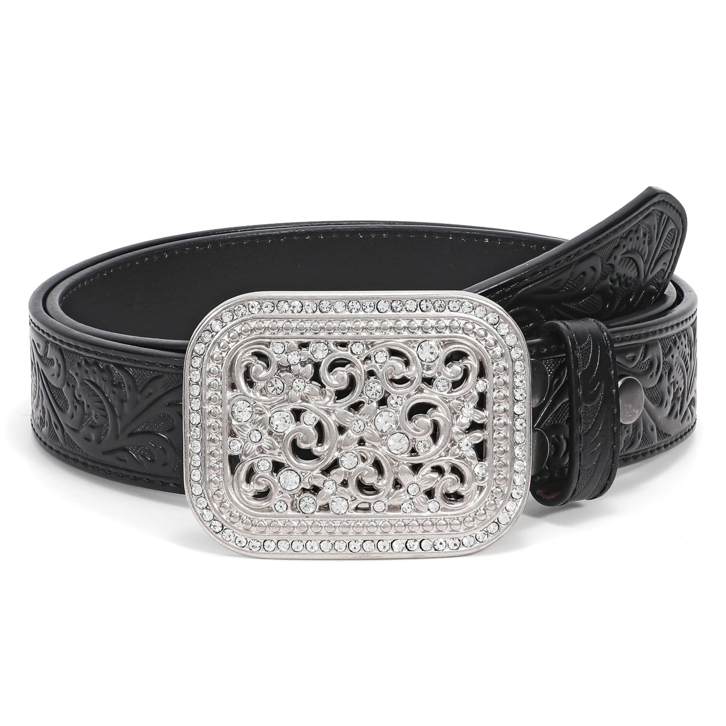 HOTXZQTIVE Women Men Western Belt Vintage Country Belts For Cowgirl Cowboys Genuine Leather Belt with Silver Diamond Buckle