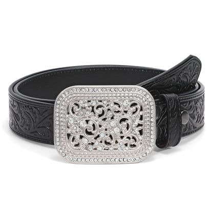 HOTXZQTIVE Women Men Western Belt Vintage Country Belts For Cowgirl Cowboys Genuine Leather Belt with Silver Diamond Buckle