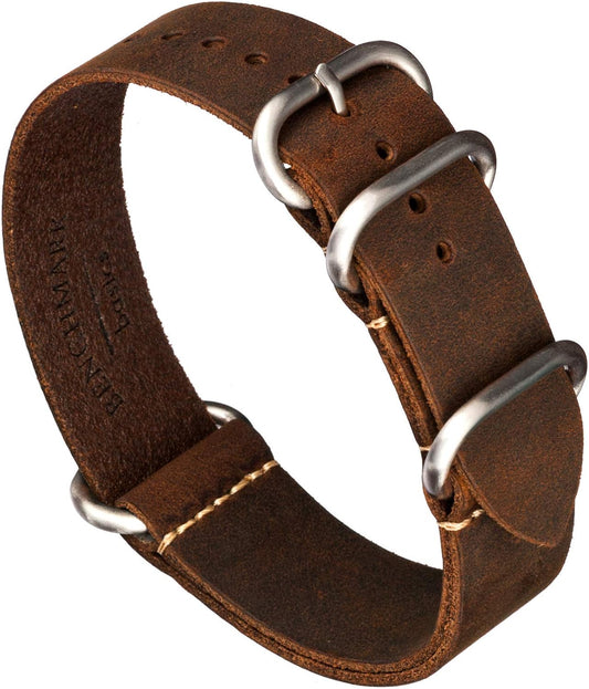 HOTBenchmark Leather Watch Band - Crazy Horse Oiled Leather One-Piece Military Watch Strap - Brushed Stainless-Steel Hardware - 18mm, 20mm, 22mm or 24mm Widths