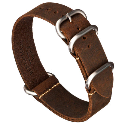 HOTBenchmark Leather Watch Band - Crazy Horse Oiled Leather One-Piece Military Watch Strap - Brushed Stainless-Steel Hardware - 18mm, 20mm, 22mm or 24mm Widths