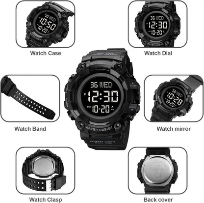 HOTXCZAP Men's Black Sports Watch - Large Face Chronograph Military Wristwatch with Luminous Hands, Waterproof Casual Silicone Strap for Outdoor and Daily Use - Gift for Men