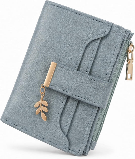HOTGOIACII Small Wallets for Women RFID Blocking Card Holder Wallet Blue | Bifold Card Wallet, Leather Small Purse, Vegan Leather, Zipper Coin Pocket, Cute Women's Wallet