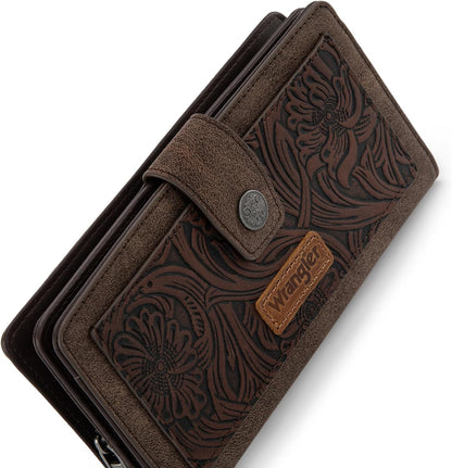 HOTMontana West X Wrangler Large Womens Wallet Western Tooling Flower Wallets, Card Cases & Money Organizers Bifold Card Cash Phone Wallet Ladies Female Travel Clutch Wallets with RFID Lining