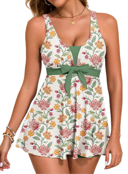 HOTAleumdr Women Printed Two Piece Tankini Swimsuits Tummy Control Swim Dress High Waisted Boyshort with Pockets