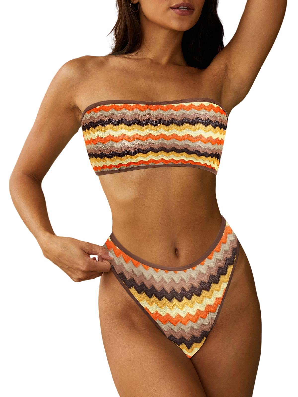 HOTZAFUL Women Strapless Bandeau Bikini 2 Piece Swimwear Lace up Bathing Suits | Strapless Textured Bikini Set Cheeky Solid Bandeau Bathing Suits