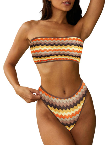 HOTZAFUL Women Strapless Bandeau Bikini 2 Piece Swimwear Lace up Bathing Suits | Strapless Textured Bikini Set Cheeky Solid Bandeau Bathing Suits