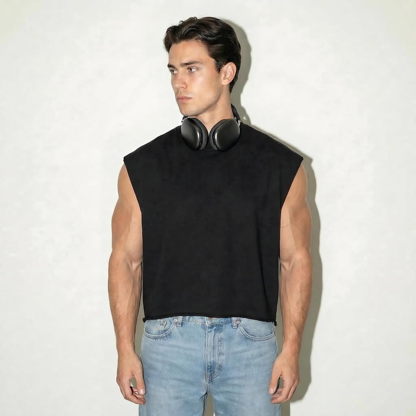 HOTMen's Cropped Tank Top Boxy Oversized for Bigger Frames, 320GSM Heavyweight French Terry Sleeveless Tee Raw Hem Streetwear
