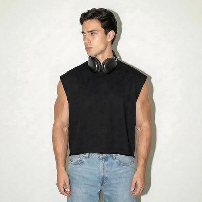 HOTMen's Cropped Tank Top Boxy Oversized for Bigger Frames, 320GSM Heavyweight French Terry Sleeveless Tee Raw Hem Streetwear