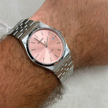 HOTCasio MTP-B145D-4AV Men's Vintage Stainless Steel Pink Dial 3-Hand Analog Watch