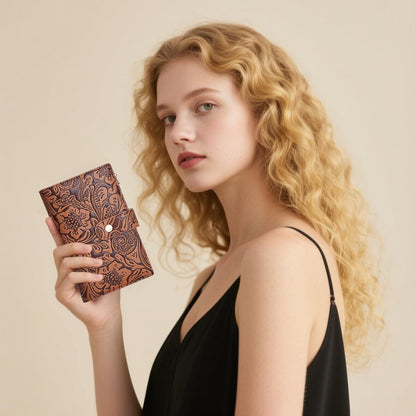 HOTGOIACII Women's Wallet RFID Blocking Leather Trifold Credit Card Holder | Pen Holder, Passport Compartment, Zipper Coin Pocket, Compact, Large Capacity Ladies Travel Wallet, Floral Embossed Brown