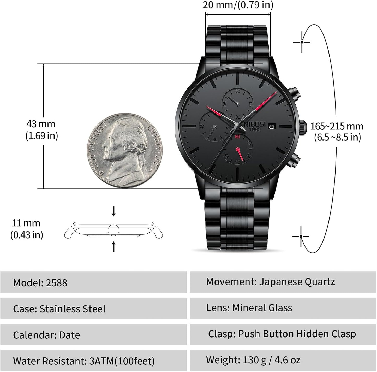HOTNIBOSI Men's Analog Chronograph Watch, Minimalist Black Dial with Date | Waterproof Stainless Steel Strap, Business Fashion Casual Quartz Wrist Watches for Men