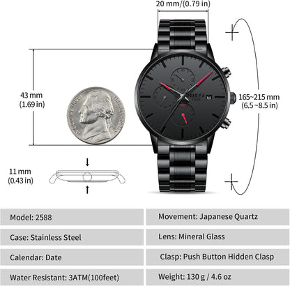 HOTNIBOSI Men's Analog Chronograph Watch, Minimalist Black Dial with Date | Waterproof Stainless Steel Strap, Business Fashion Casual Quartz Wrist Watches for Men