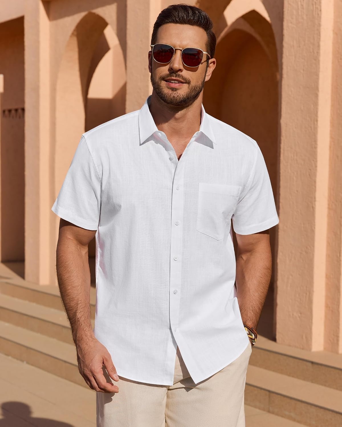 HOTMens Linen Textured Shirt Cotton Short Sleeve Summer Button Down Shirts | 100% Cotton, Linen-look Texture, Casual Wear, Breathable Feel, Lightweight, Untucked, Regular Fit, Beach, Vacation, Resort