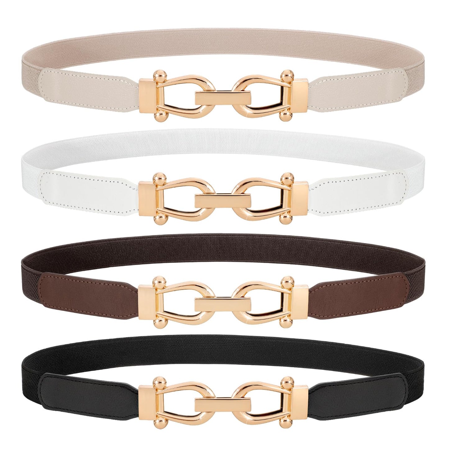 HOTWERFORU 4 Pack Women Skinny Elastic Waist Belt Gold Buckle Stretchy Thin Belt for Jeans Dress